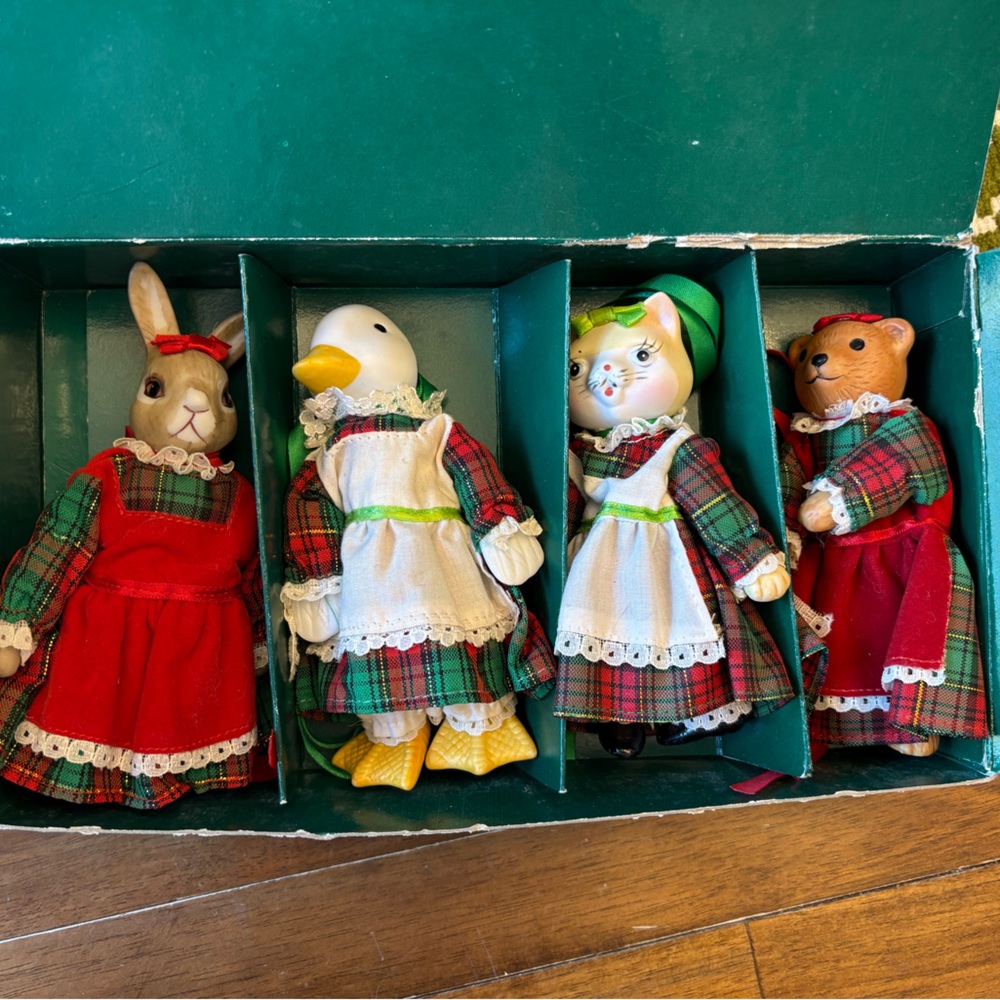 Set of 4 Vintage Cottage 1970’s Porcelain Animal Dolls with Ribbons for Hanging